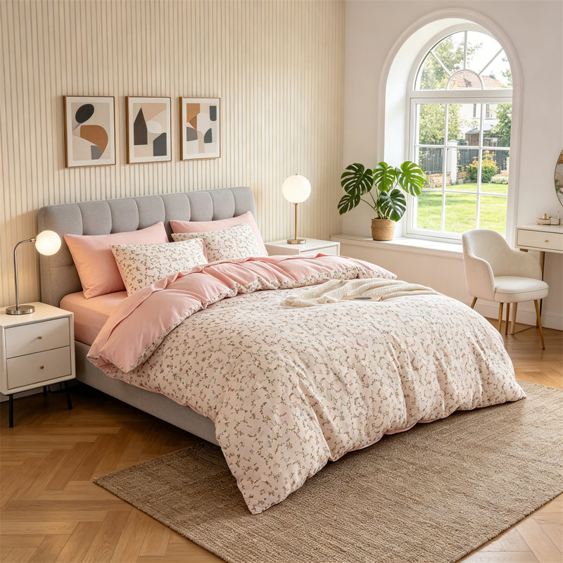 Ensemble d'édredon à motif floral 3 pièces pour grand lit rose pour femme