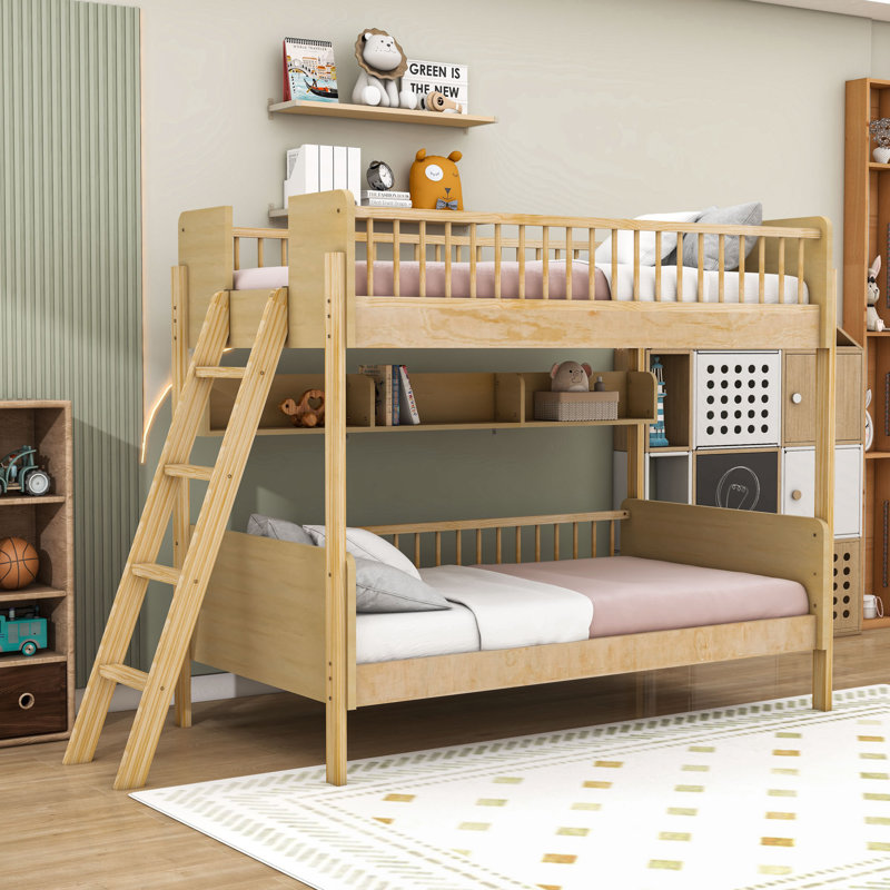 Twin Over Twin Wood Bunk Bed With Storage Shelves And Ladder, Natural