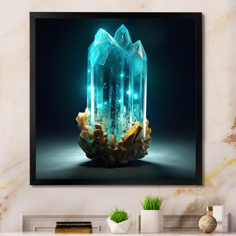 Turquoise, pierres vibrantes dorées sur toile, H 16 po x l 16 po x P 1 po, Cadre simple noir