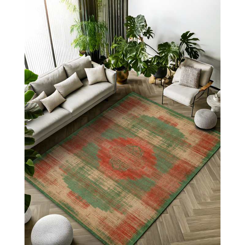 Greysi Collection Digital Print Cotton-Polyester Green Red Oriental Rug, Runner 4' x 9'11"