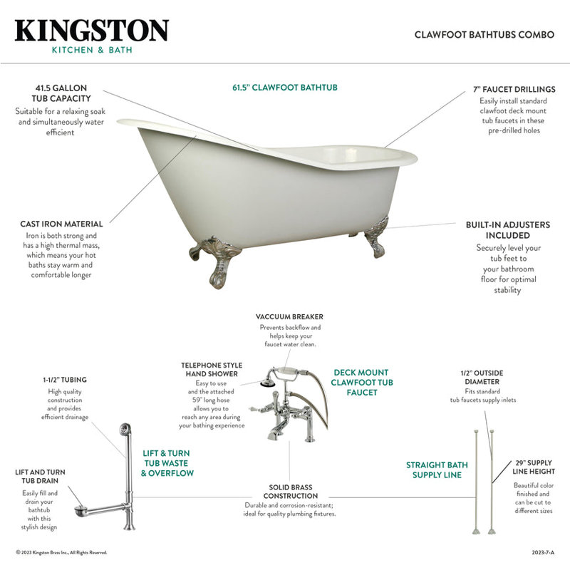 Kingston Brass Aqua Eden 62-Inch Cast Iron Oval Single Slipper Clawfoot Tub with Faucet Drain and Supply Lines Combo