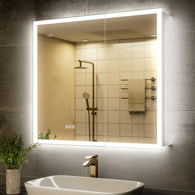 36X30" LED Medicine Cabinet With Double Lights-Front & Backlit, 155°Soft-Close Hinge, Dimmable Lights, Outlet, Clock & Sensor Light, Anti-Fog, Side Mirrors