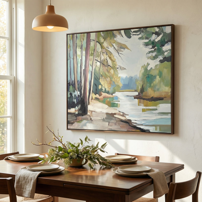 «Riverside Pines Nature Landscape», art mural sur toile encadré peint à la main