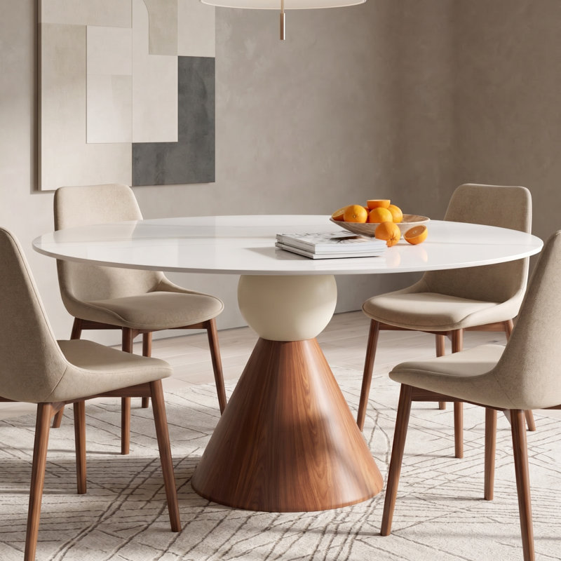 Modern Sintered Stone Dining Kitchen Table With Cone-Tapered Base, Ivory Vein, 29.53"H x 59.06"L x 59.06"W