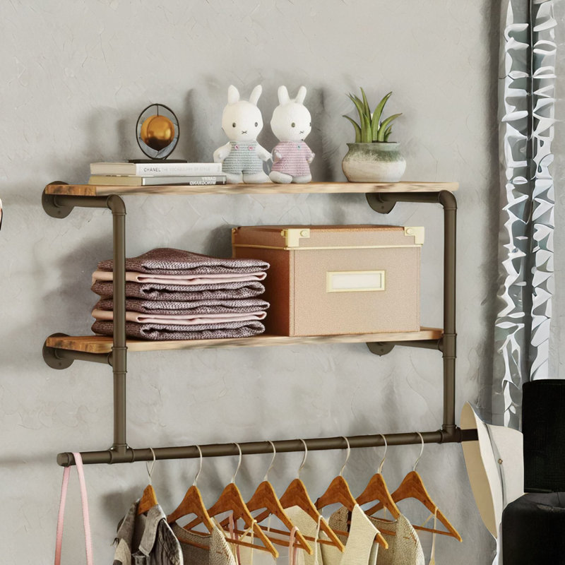 Bernardas Industrial Heavy Duty Pipe Wall-Mounted Floating Shelves With Hanging Rail