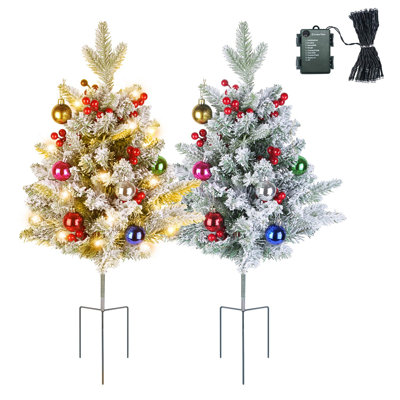2-pack Mini Artificial Christmas Tree With Led Lights, Battery Operated, Red Berries, 8 Lighting Modes & Timer, Ip44 Waterproof For Porch, Home, Garden Holiday Decor Set