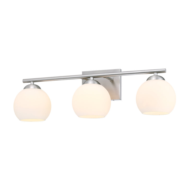 Luminaire de salle de bain transitionnel 3 lumières en nickel brossé l 26 po avec abat-jour en verre opale satiné, 3
