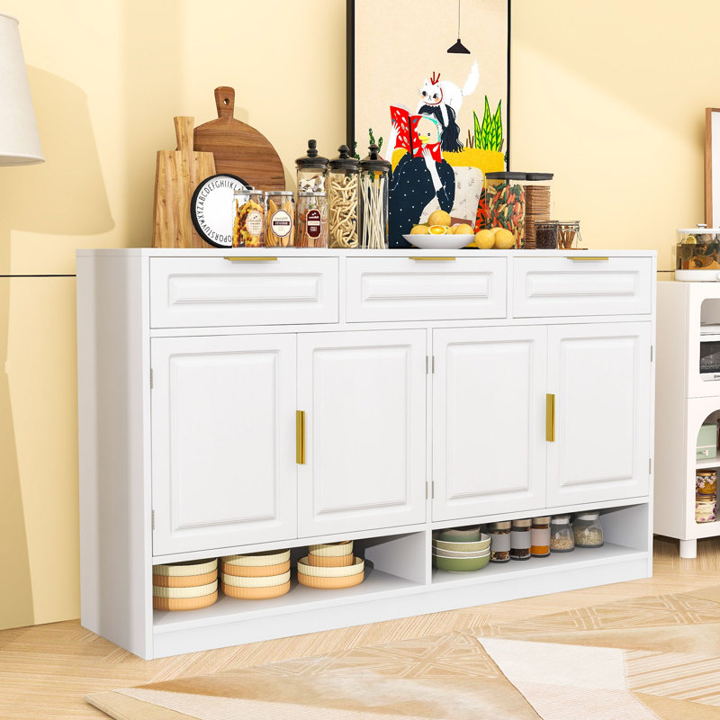 Buffet Farmhouse avec tablette réglable, 3 tiroirs, 4 portes et compartiments ouverts, Blanc