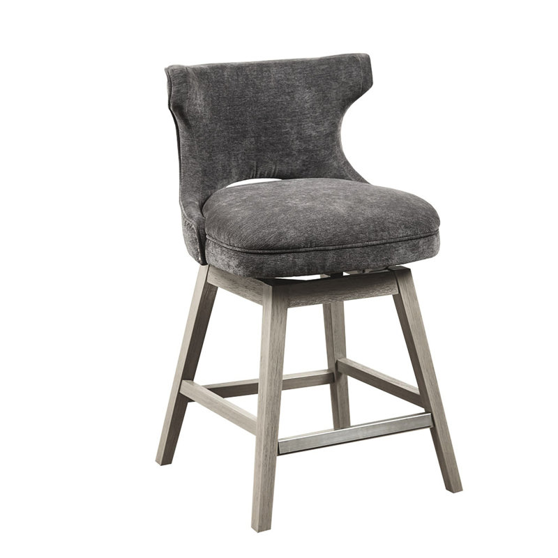 Tabouret de comptoir pivotant gris anthracite avec pieds en bois massif, sans retour automatique, argent mat, outils d'assemblage requis