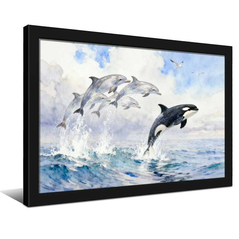 Animal Dolphins Leaping Ocean Waves Sky Birds, Wrapped Canvas, Does Not Apply, 20" H x 30" W