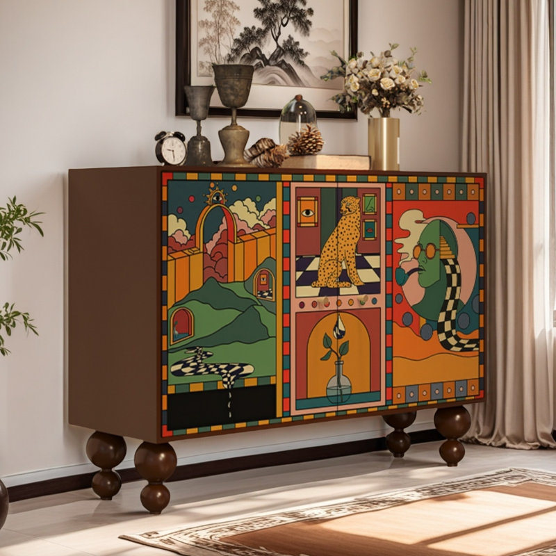 Buffet rétro avec peinture abstraite, Brun