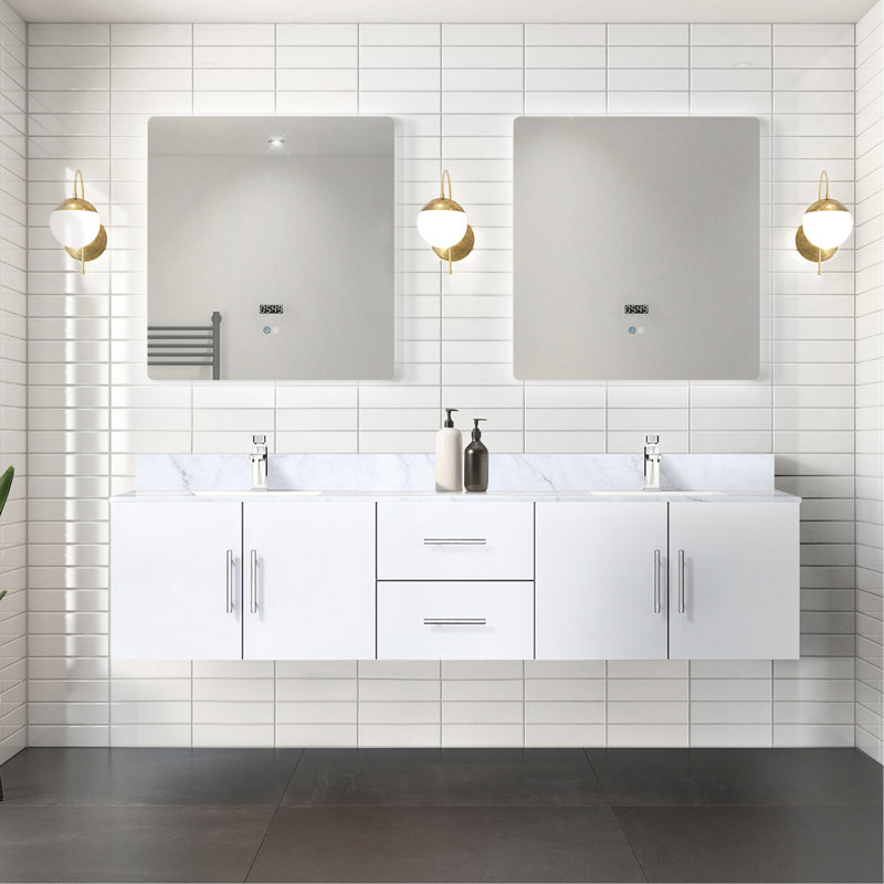 Double Bathroom Vanity with Wood Top, Blanc lustré, L 80 po
