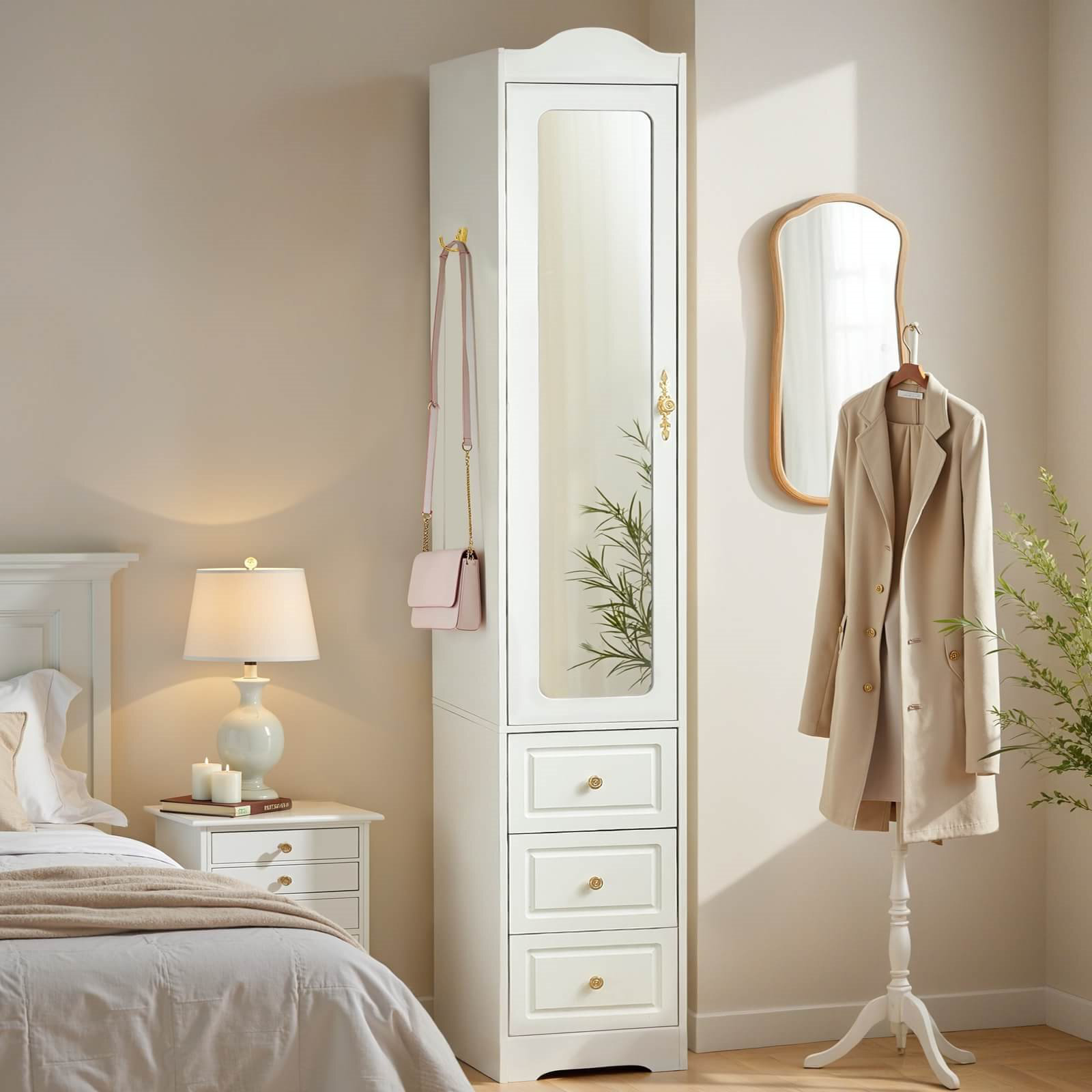 Winston Porter Yerai Armoires Wardrobe Closet Wardrobe Cabinet with 3 Drawers and Mirror Storage Cabinet With Hanging Rod Sensor Light White Wayfair