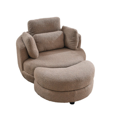 Fauteuil pivotant surdimensionné de 39 po de largeur avec repose-pieds avec rangement Moon pour salon, causeuse ronde ronde, accoudoirs et demi-tonneau pour fauteuil de chambre, 4 coussins, tissu