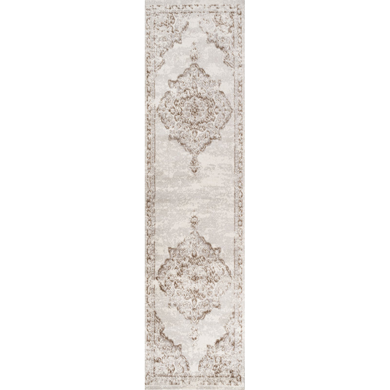 Pruden Ornate Medallion Modern Cream/Red Rug, Runner 2'3" x 10'