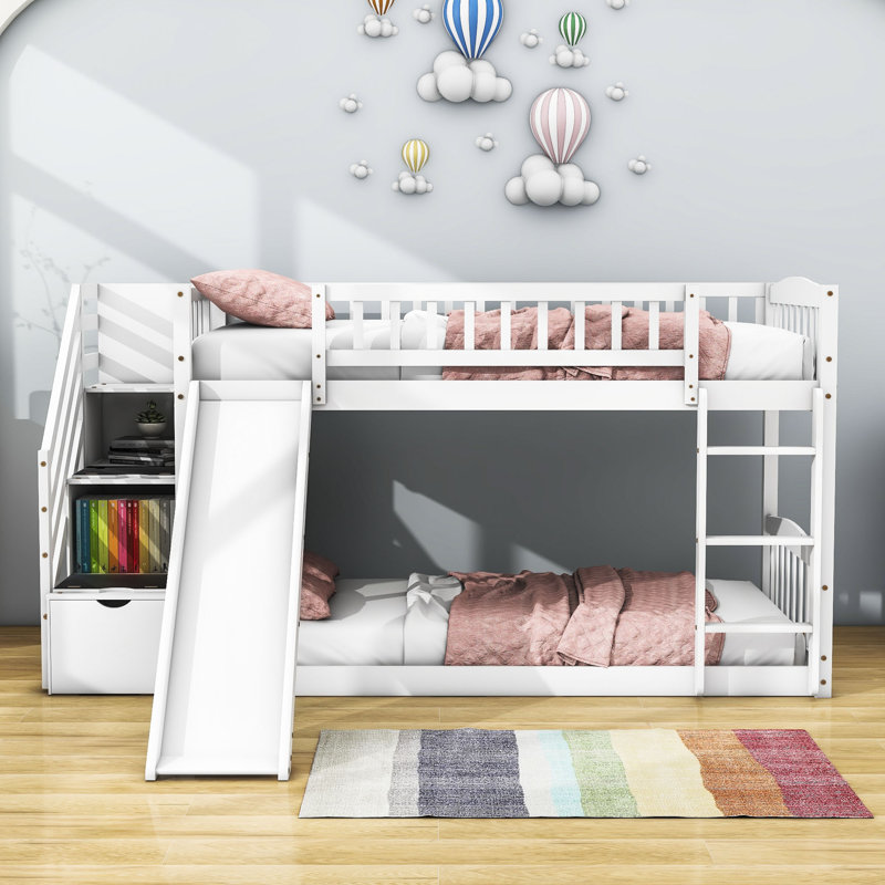 Lit superposé simple en bois avec armoire et glissoire, Blanc