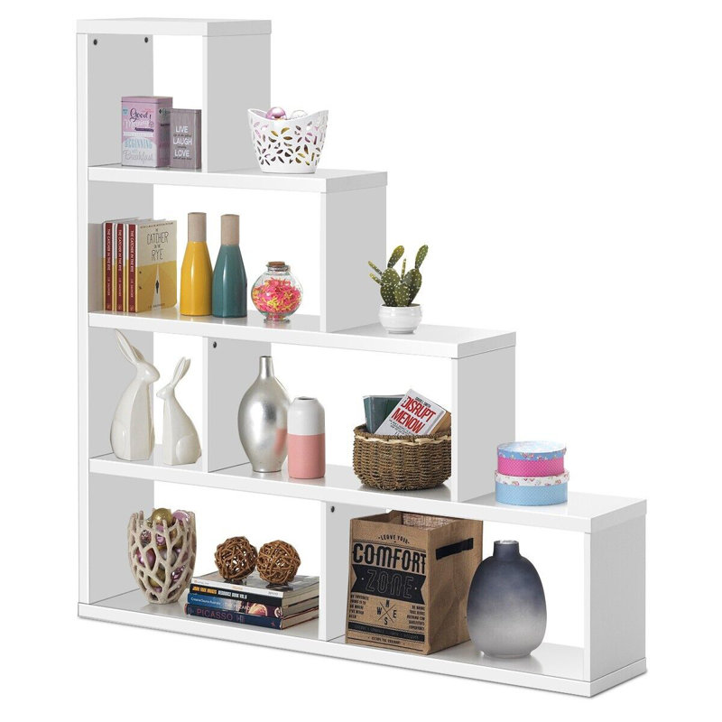 Wooden 6 Cube Ladder Bookcase 5 Tier L-Shaped Corner Bookshelf Freestanding Display Shelf