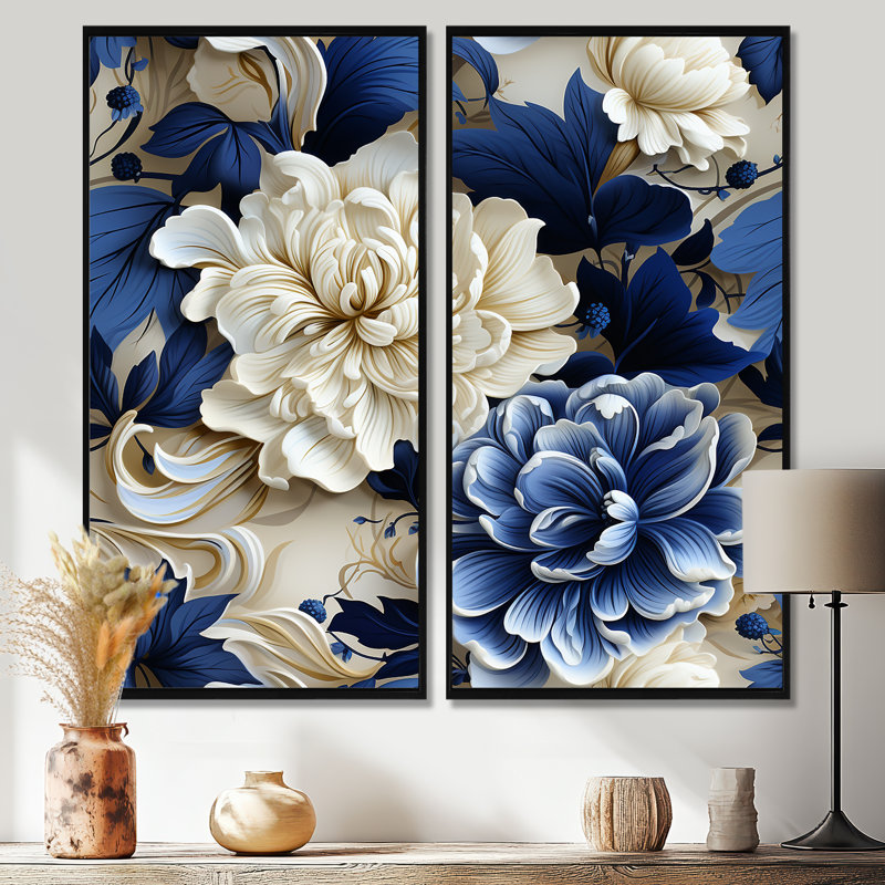 Motif victorien victorien bleu feuillage cobalt - art floral floral mural, 40" H x 40" W, Floater Framed Print, Black