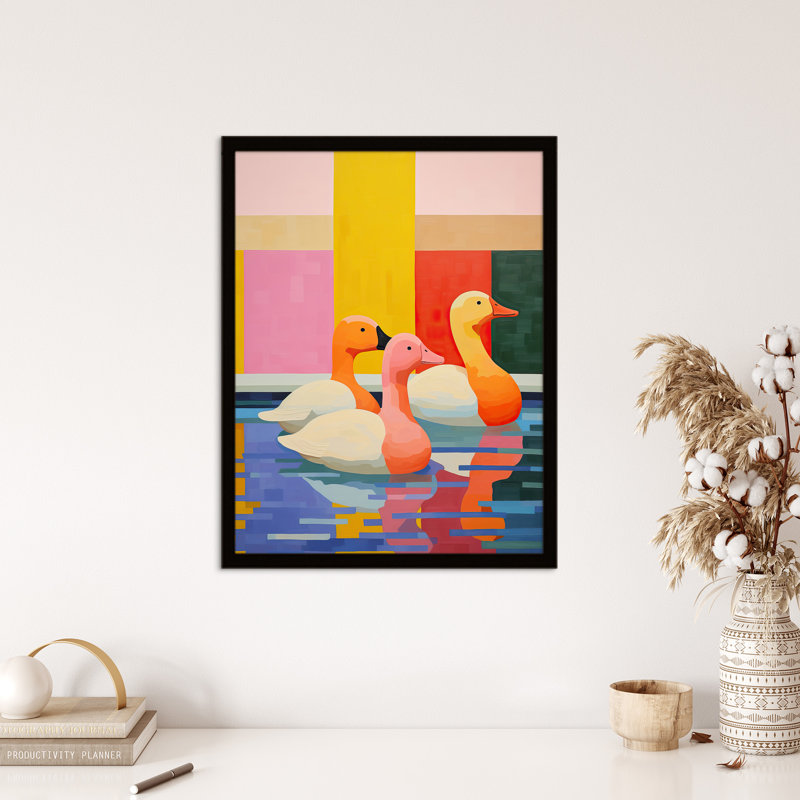 Chameleon Ducks Swimming Vibrant Geometric Painting - Single Picture Frame Print