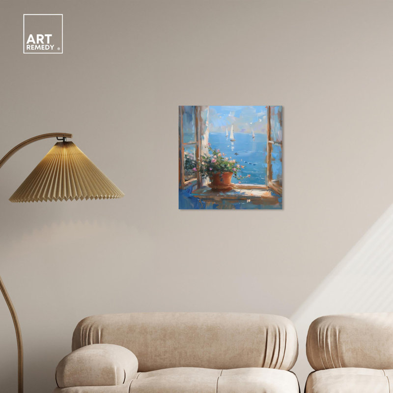 Coastal Window View Blue and Brown Canvas Landscape Art, 30" x 30"