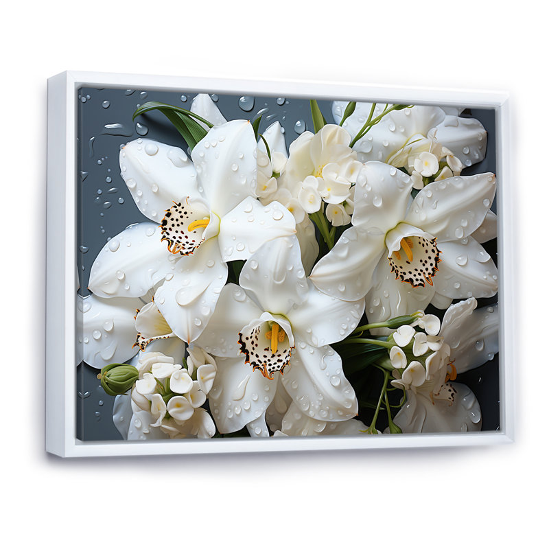 «White Orchids Still Life», reproduction d'art sur toile, H 30 po x l 40 po x P 1,5 po, Cadre flottant blanc