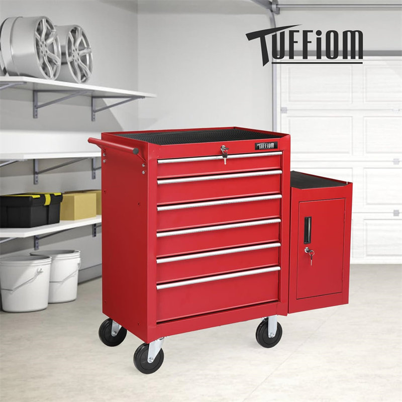 Armoire de rangement 6 tiroirs 6-en-1 à 6 tiroirs avec serrure et armoire latérale, Rouge