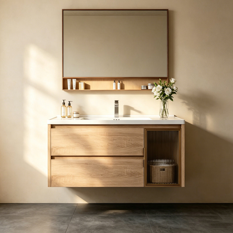 Latrey 36'' Single Bathroom Vanity with Ceramic Sink, Natural Wood Cabinets with 2 Drawers