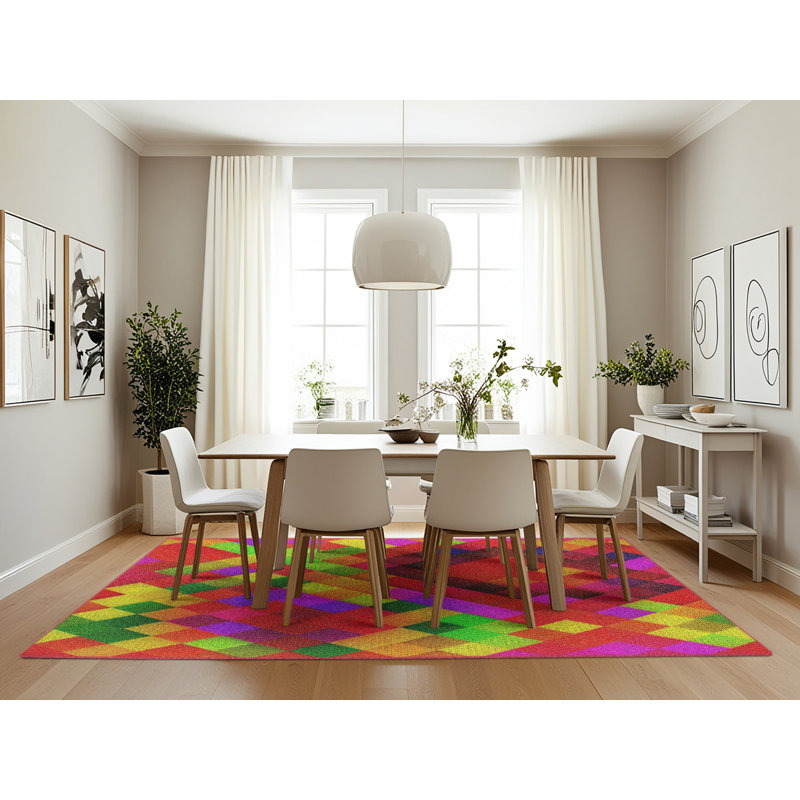 Tapis jaune/vert/rouge tissé à la machine, Rectangle 7 pi x 10 pi
