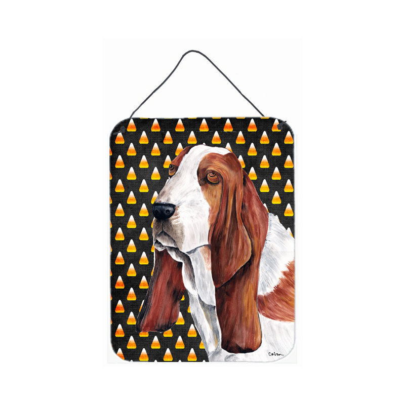 «Burniece Candy Corn», impression d'Halloween sur plaque, Basset hound 1