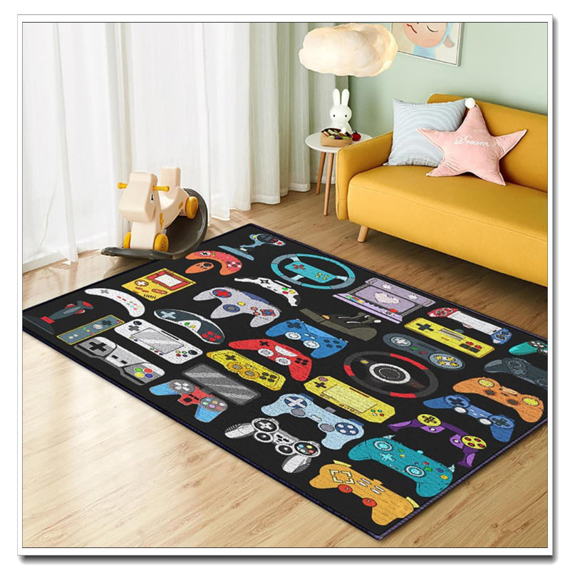 59"X39" Black Yellow Grey 3D Gaming Rug - Game Controller Carpet For Boys' Bedroom Teen Room Living Room Playroom Decor