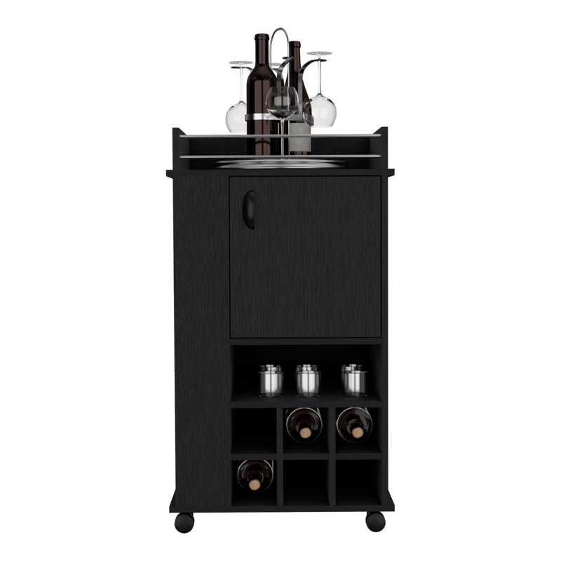 Bar Cart with 6 Built-in Wine Racks, Single-Door Cabinet, and 2 Open Shelves, Black