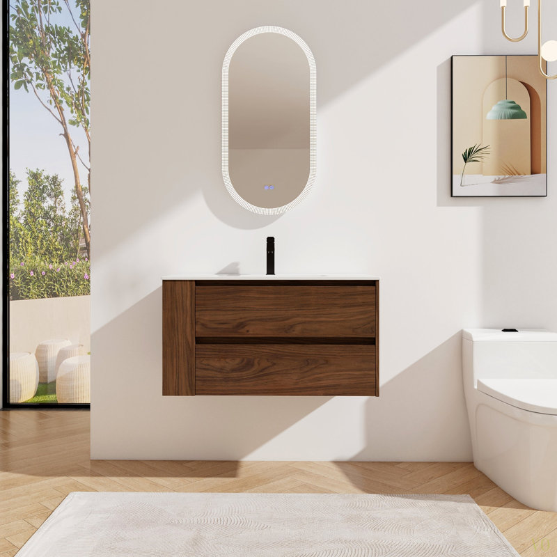 Meuble-lavabo mural 36 po avec lavabo en céramique, Chêne brun