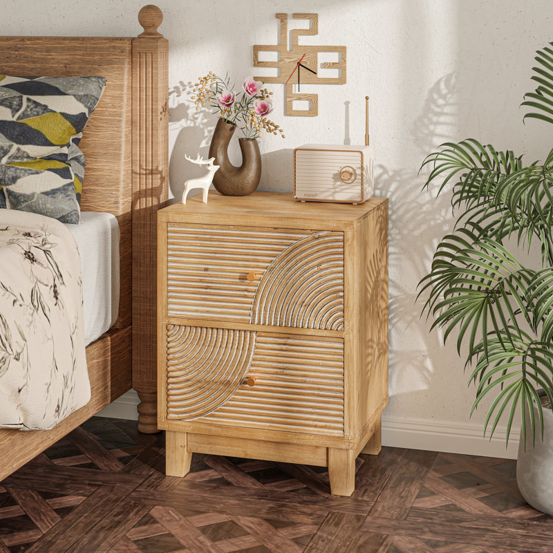Fayola Farmhouse Brown 2 Drawers Nightstand with Ring Pattern, Natural