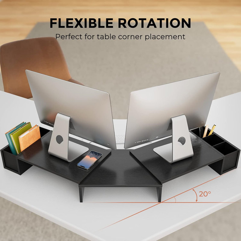 Dual Monitor Stand, Laptop Stand With Storage Accessories Slots, Length And Angle Adjustable, Ergonomic Viewing Height