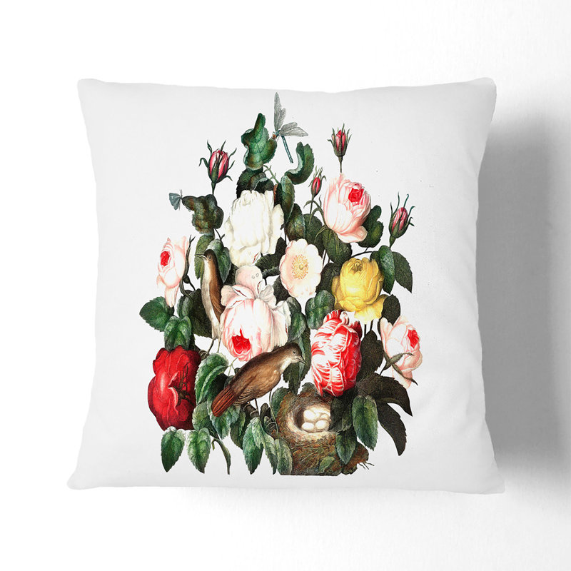 Birds And Roses By R.J.Thornton Square Throw Cushion, 55 x 55 cm, Stone
