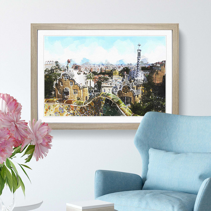 Parc Guell Gaudi in Barcelona Spain in Abstract - Picture Frame Graphic Art Print, 48cm H x 65cm W x 2cm D, Oak Framed