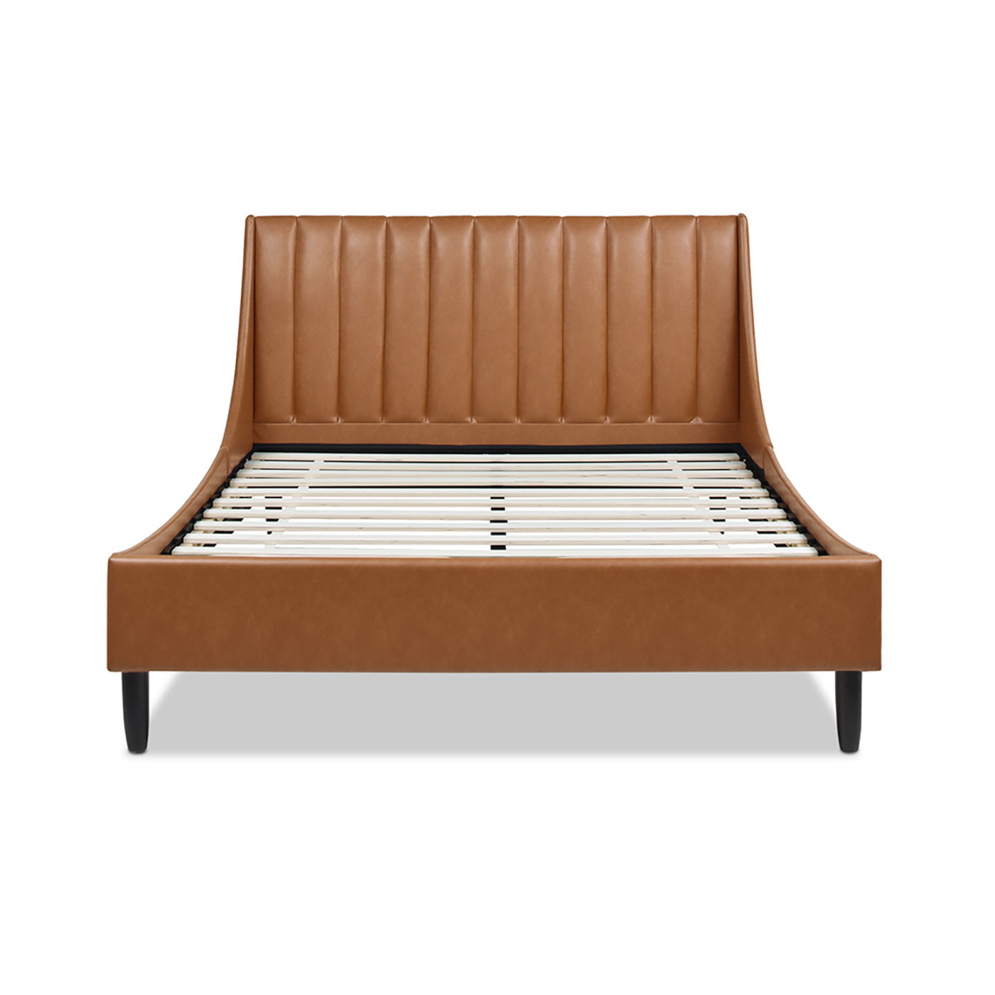 Helaina Velvet Upholstered Wingback Bed, Queen, Caramel Tan Brown Faux Leather