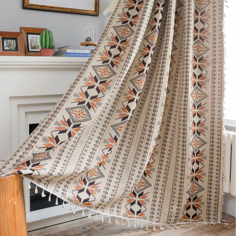 2pcs Curtains Geometric Patterned Coffee Brown Drapes Tassel Window Curtain, 59" W x 63" L