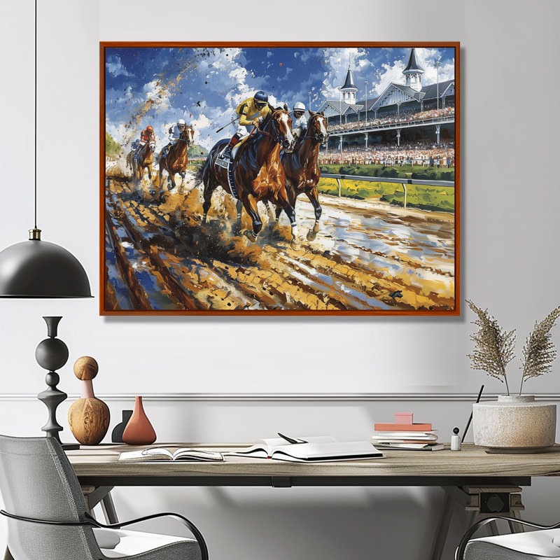 Marlyin - course de chevaux, art mural, H 12 po x l 20 po x P 1 po, Cadre flottant brun