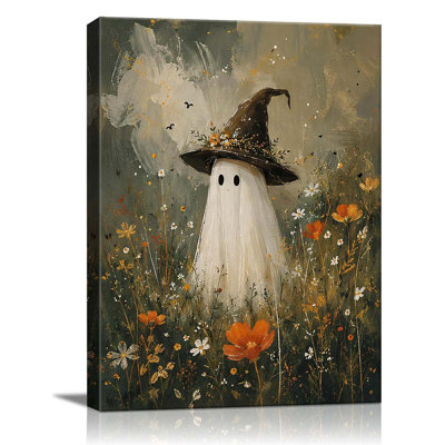 Halloween Canvas Wall Art, Cute Ghost with Wildflower Halloween Pictures 30x40cm