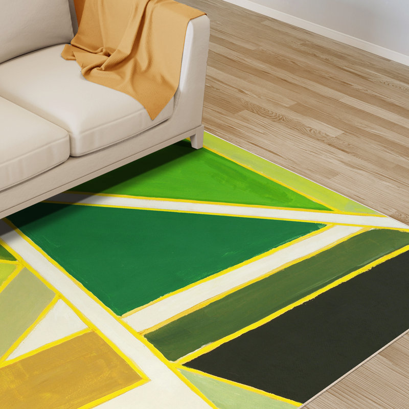 Green and Yellow Geometric Washable Synthetic Area Rug 5' x 7'
