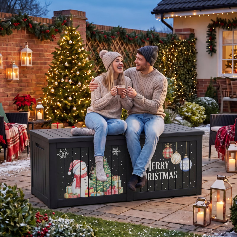 Boîte de rangement de 280 gallons en résine pour l'extérieur, grand contenant de rangement imperméable avec bonhomme de neige décoratif et arbre de Noël