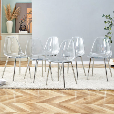 Modern Minimalist Transparent Dining Chair, Plastic Chair, Armless Crystal Chair, Nordic Creative Makeup Stool, Negotiation Chair, Silver Plated Metal Leg 6-Piece Set