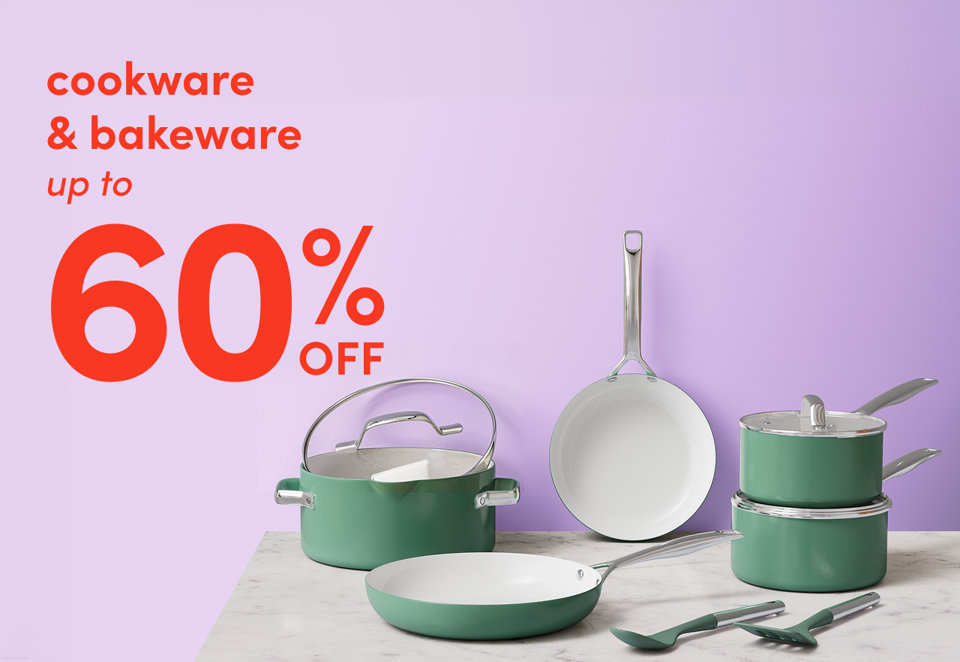 Cookware and bakeware up to 60 percent off, featuring a green ceramic cookware set on a marble countertop against a lavender background.