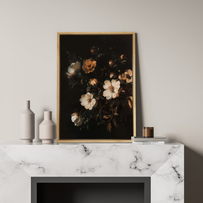 Art mural rétro blanc floral sur toile noire, impression encadrée romantique pour chambre à coucher foncé ou décor de couloir élégant