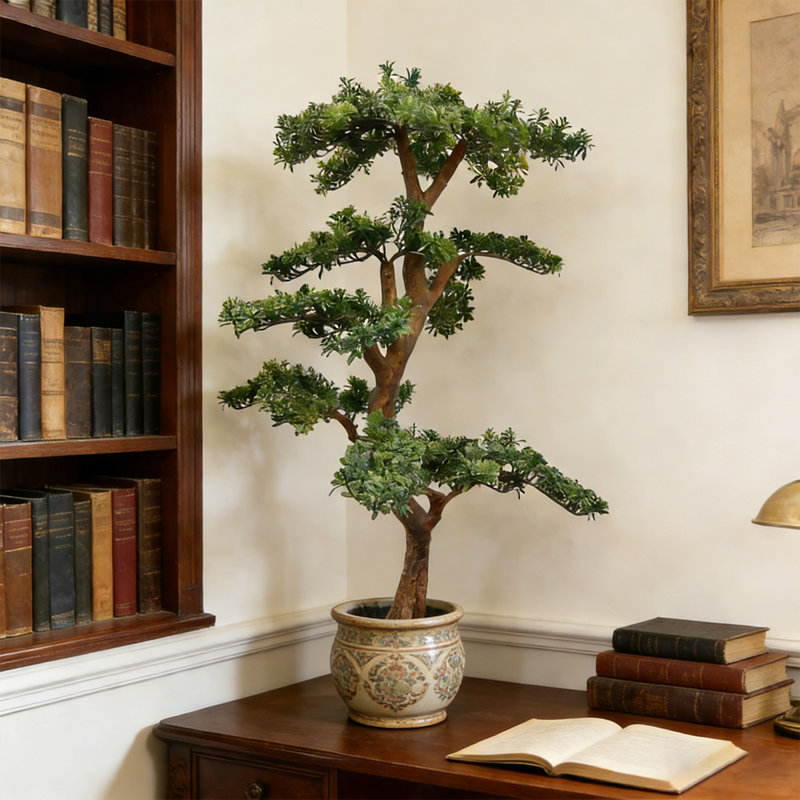 Bonsaï artificiel de 39 po avec feuilles réalistes luxuriantes, plante à feuilles persistantes artificielle en pot décoratif