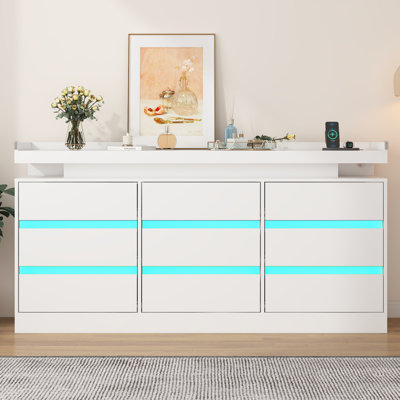 9 Drawer Dresser With LED Light And Charging Station