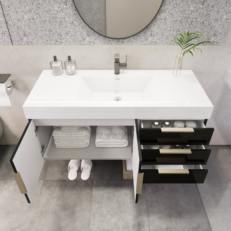Meuble-lavabo mural simple 47 po Wigfall, Noir très lustré