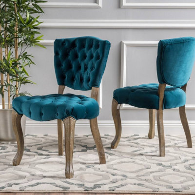 2 chaises Kd, siège en velours à texture lisse bleu sarcelle foncé, fabrication en bois massif, style traditionnel, expérience de détente de 2 chaises - et magnifique