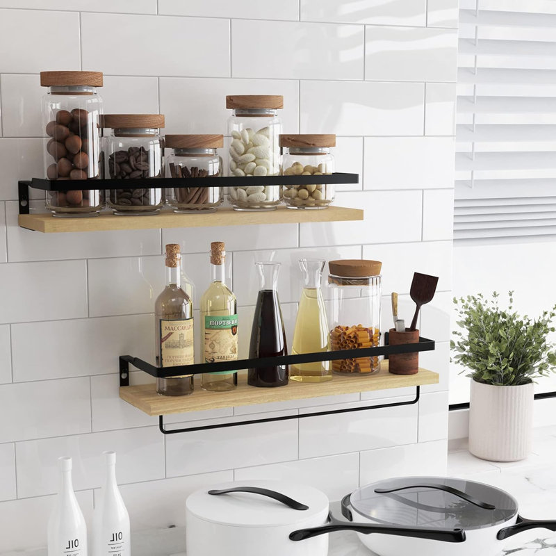 Floating Shelves With Towel Bar, Wall Mounted Storage Shelves For Bathroom, Kitchen, Bedroom, Living Room, Office, Set Of 2